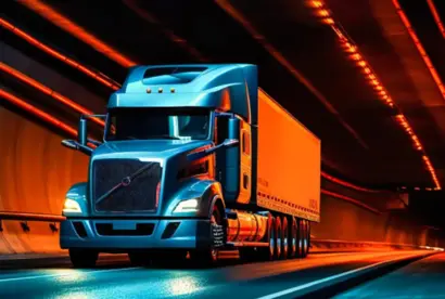 A commercial delivery van driving at night.