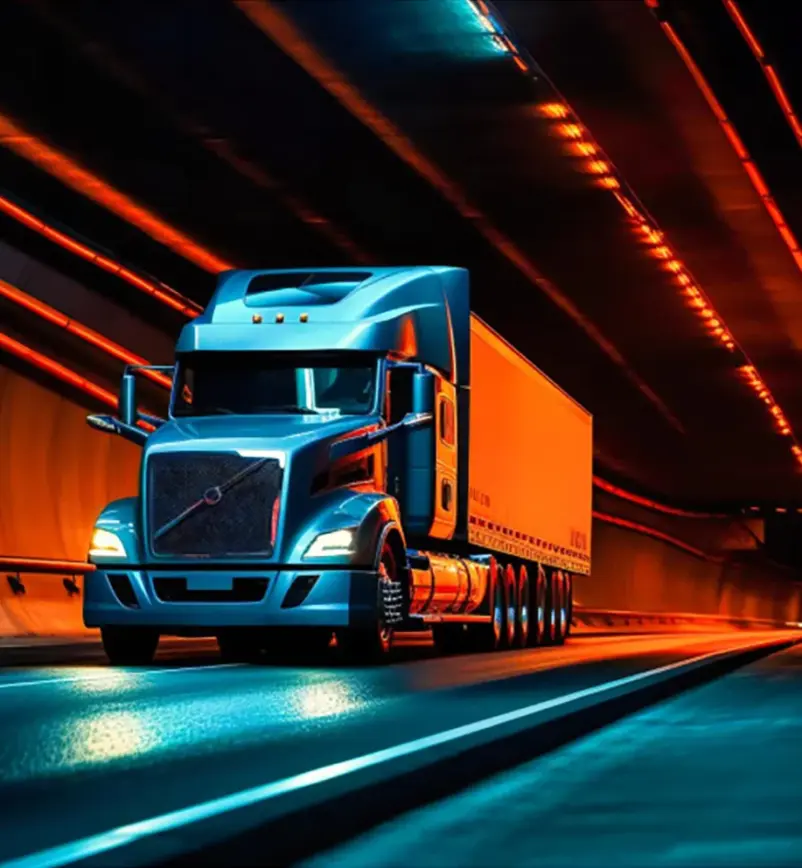 A commercial delivery van driving at night.