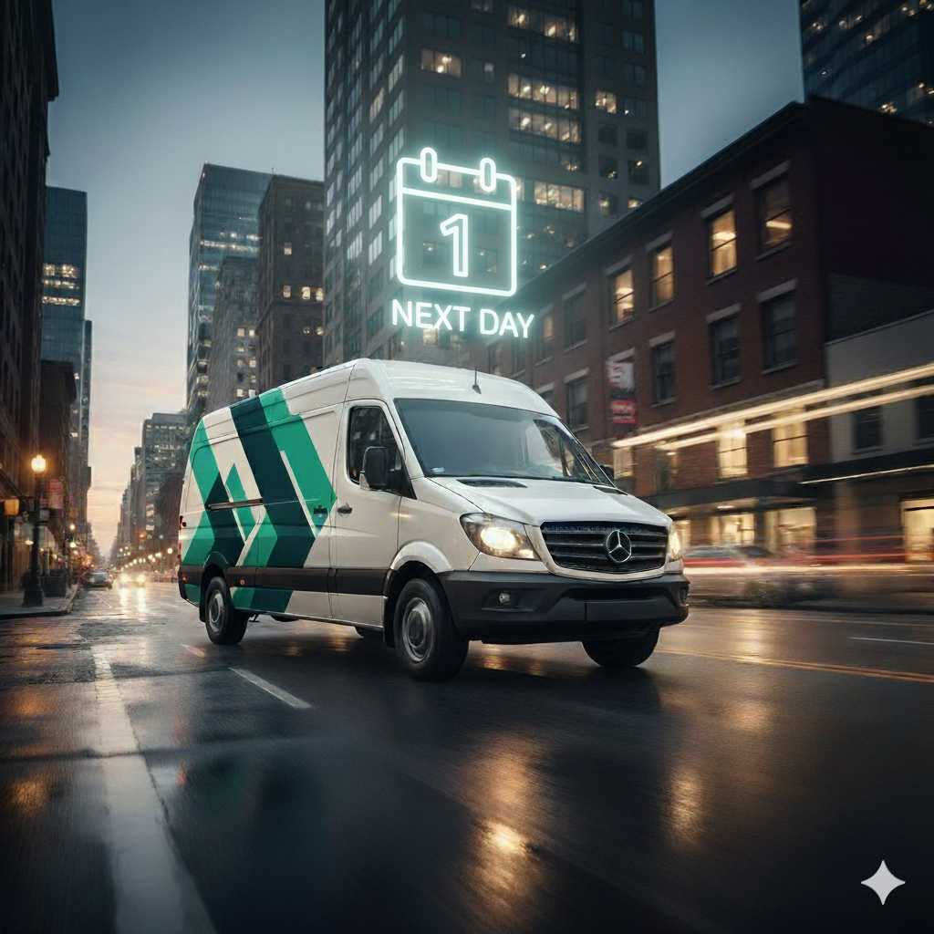 A Shahs Logistics van with modern branding drives through a city at dusk, representing their next-day delivery service. A glowing icon of a calendar page turning to the next day floats above the vehicle.